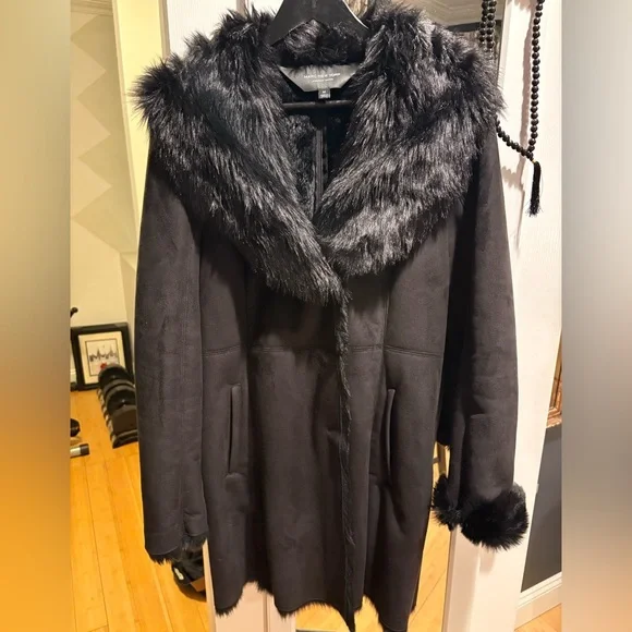 Black Faux Fur Shearling Suede Penny Lane 90s Glam Goth Coat Charlotte Simone - Picture 3 of 8